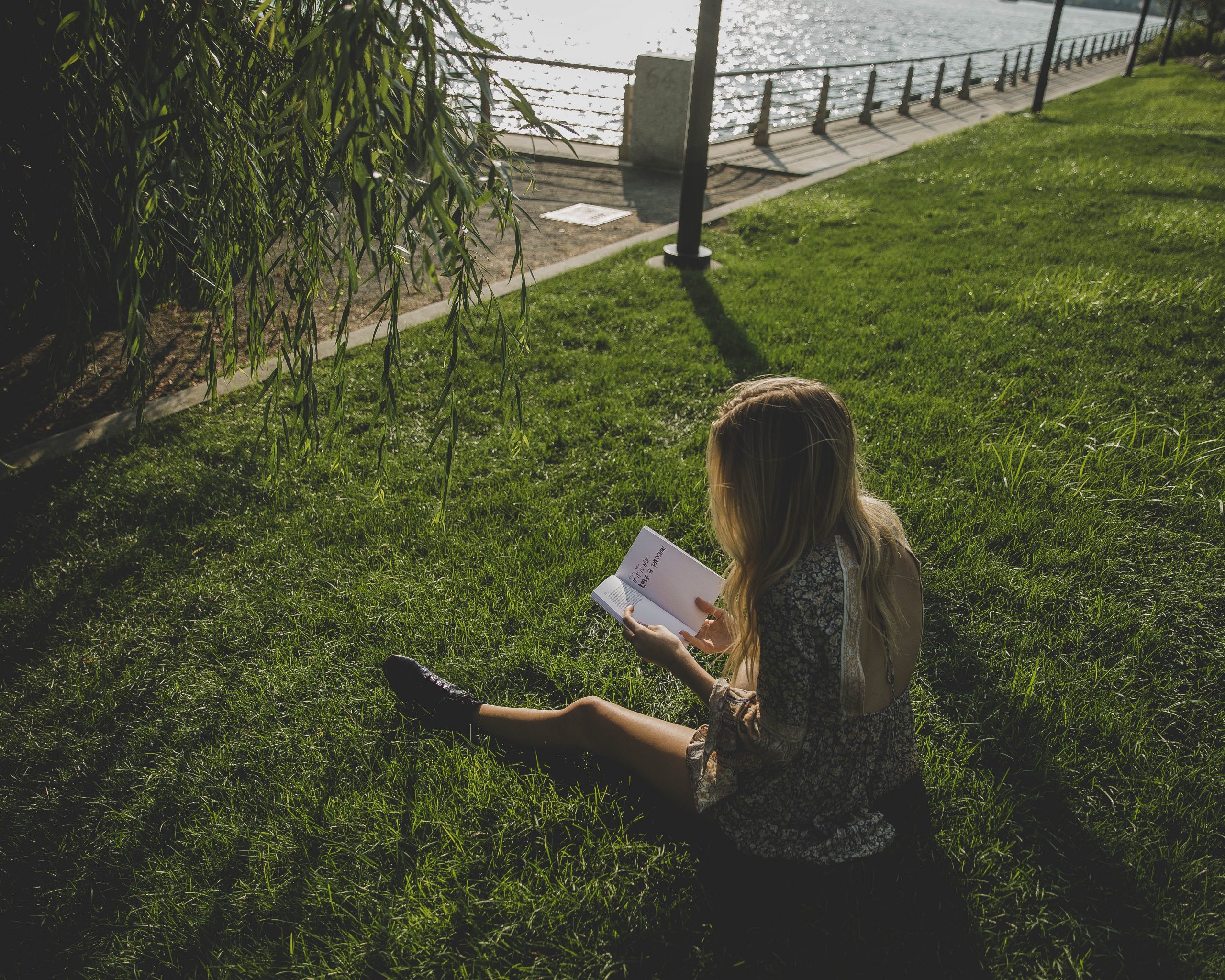 rapariga a ler um livro sentada num relvado junto à agua